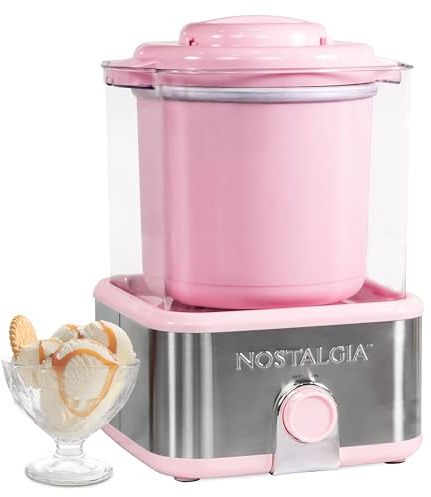 Nostalgia Electric Ice Cream Maker with 2-Qt Double Insulated Gel Canister & Stainless Steel Base - Makes Sorbet, Soft Serve, and Frozen Yogurt - Pink