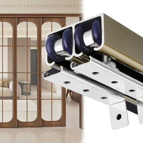1/2/3/4/5/6/6.6 m Kit Rail Porte Coulissante Double avec Roulettes, Kit de Quincaillerie para Porte Coulissante Placard/Grange, Alliage D'aluminium, Installation au Plafond(Champagne,1.5m/4.9ft)