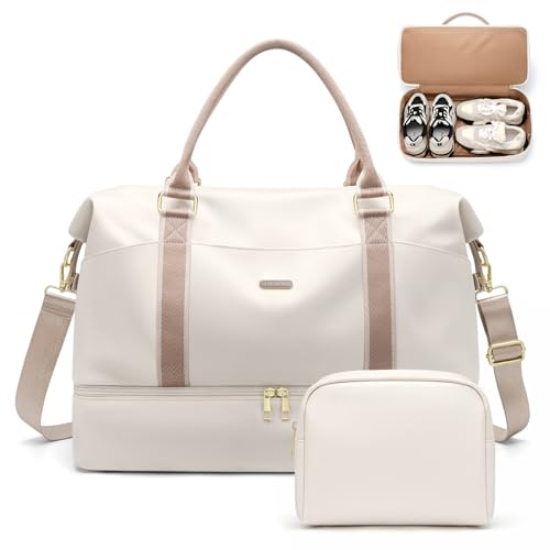 Weekender Bags for Women, Carry On Travel Duffel Bag with Shoe Compartment & Toiletry Bag, 46L Overnight Bag Gym Hospital Bags for Labor and Delivery (Cream White)