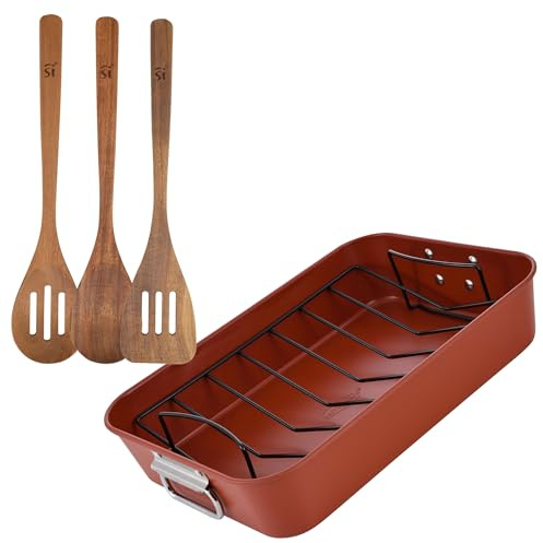 San Ignacio Juego de 3 utensilios de cocina de madera + Bandeja para asado 40x28cm en acero AGROS