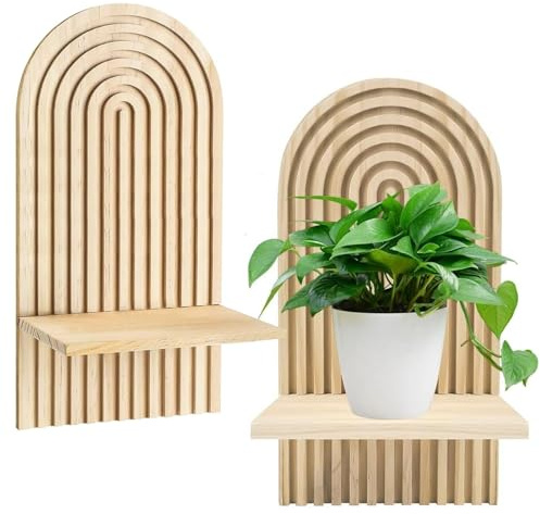 SVUPUE Wandregal Holz Boho, 2 Stück Boho Regenbogen Wandregal, Wandregal Holz, Wanddeko Wohnzimmer, mit Schwebenden Regalen, Aesthetic Holzregal Wand Deko, für Wohnzimmer, Schlafzimmer, Holzfarbe