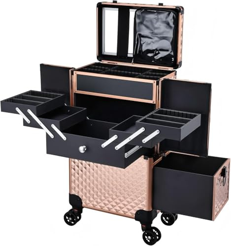 Valise de Maquillage Professionnelle à Roues, Mallette de Manucure et Coiffure avec Miroir, Tiroir Coulissant, Poignée Télescopique, Roues 360° avec Frein, Organisateur de Beauté pour Salon, Or Rose