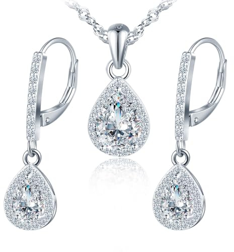 MICMIF Wassertropfen Schmuck Set Silber 925 Tropfen Anhänger Kette & Ohrringe Hängend mit Weiß, Lila, Blau, Rosa, Grün oder Rot Zirkonia Silber Ohrhänger & Halskette für Frauen Mädchen