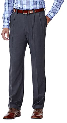 Haggar Men's E-Clo Repreve Classic Fit Pleat Front Dress Pant with Hidden Expandable Waistband Medium Grey 34W x 30L
