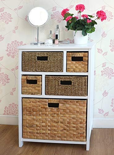 Tetbury White Storage Unit with 5 Drawers. Solid hallway bathroom basket storage unit. FULLY ASSEMBLED.