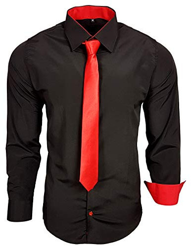 Baxboy 444-BK Herren Kontrast Hemd Business Hemden mit Krawatte Hochzeit Freizeit Fit, Farbe:Schwarz/Rot, Größe:L