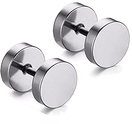 Aituo Unisex Cool 2Pcs Punk Gothic Stainless Steel Round Screw Mens Barbell Ear Studs Earrings Combination (Silver, 4mm+5mm+6mm, 3 pairs in total)