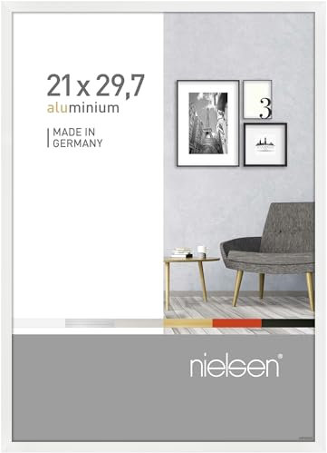 nielsen Bilderrahmen, 21 x 29,7 cm (A4), Aluminium, Weiß Glanz, Dokumentenrahmen zum Aufhängen im Hoch- & Querformat, Echtglas, Pixel