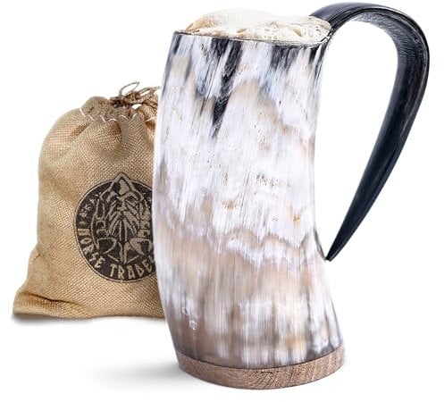 Norse Tradesman Original LG Viking Drinking Horn Mug - 100% Authentic Beer Horn Tankard with Rosewood Base & Burlap Gift Sack | The Original, High Polish, Approx. 1 Pint