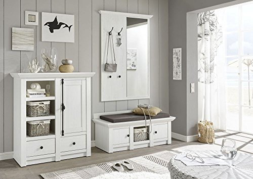 Beauty.Scouts Garderobenbank, Sitzbank, Truhe Lucie Sitzkommode, Schuhbank, Schuhschrank, Garderobe, Diele, Flur, Ankleide, Ankleidezimmer, Pinie Weiss Nachbildung, 124x42x45cm,