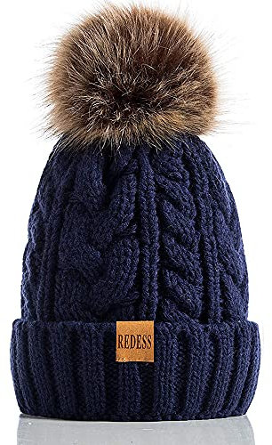 REDESS Damen Winter Bommel Beanie Mütze mit warmem Fleece gefüttert, Dicker Slouchy Snow Knit Skull Ski Cap