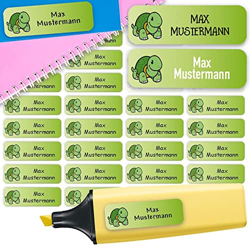 Sunnywall® Namensaufkleber Kinder Schule Schildkröte Aufkleber Namensetiketten | 60 Stück Klebeetiketten zum Beschriften 4,8x1,6cm Kita Schulanfang | wasserfest