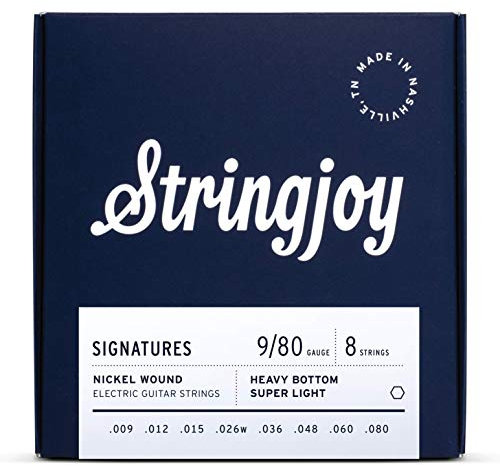 Stringjoy HVY98 - Cuerdas de guitarra eléctrica de níquel de 8 cuerdas, (calibre súper ligero de fondo pesado, 9-80)