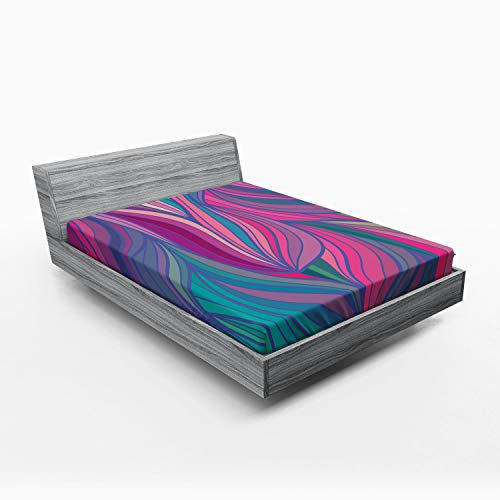 ABAKUHAUS Abstrakt Spannbetttuch, Gebogene Streifen-Muster Wellig, Soft Dekorativer Stoff Bettwäsche Rund-um Elastischer Gummizug, 180 x 200 cm, Magenta Aqua