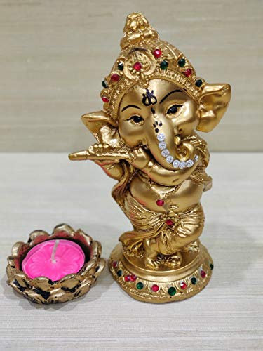 GiftNagri Statue Ganesha, tanzender Hindu-Gott, goldfarben, Polyresin, für Zuhause, Büro, Wohnzimmer, Tempeldekoration mit Lichthalter