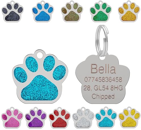 Personalised Engraved Pet Tag for Pets | Vibrant Paw Print Shape Glitter Stainless Steel ID Tags for Dog & Cat | Anti-Lost for Puppy, Kitten Etc | 27mm Wide (Turquoise)