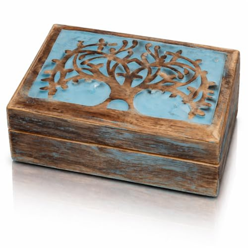 Tolles Geburtstagsgeschenk, handgefertigt, dekoratives Schmuckkästchen aus Holz, Baum des Lebens, geschnitzt, Schmuck, Organizer, Andenken, Schatztruhe, Hauseinweihungsgeschenke (Blue Wash Finish)