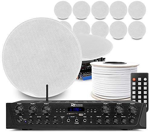 Power Dynamics 6-Zone Bluetooth Ceiling Speaker System with Amplifier - Multiroom Audio for Home, Office, Restaurant, Shop - 12x FCS8 8 Speakers & Cable