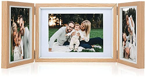 Czemo faltbar Bilderrahmen für 3 Fotos Holz Fotorahmen Collage, Fotorahmen Portraitrahmen Rahmen Frame für den Schreibtisch oder den Tisch (Helle Farbe, 2x10x15 cm + 1x13x18 cm)