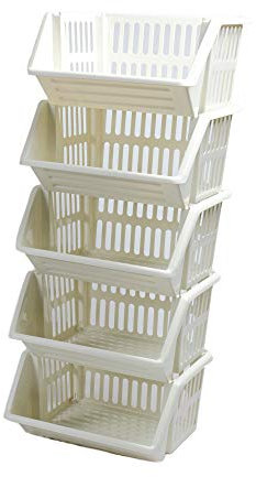Large 5 Tier Stacking Baskets Storage Veg Rack Plastic Stackers, Black, Length 35.5 cm x Depth 30 cm x Height 17.5 cm (Cream)