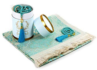 Muslimische Gebetsteppich und Gebetskette mit elegantem Zylinder Geschenkbox | Janamaz | Sajjadah | Weiche islamischen Gebetsteppich | Islamische Geschenke Set | Gebet Teppich Matte, Taft Stoff, Blau