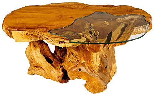 Windalf Vintage Couchtisch mit Glasplatte DAERON 109 cm Natur Wohnzimmertisch Bohemia Landhausdesign Handarbeit aus Wurzelholz