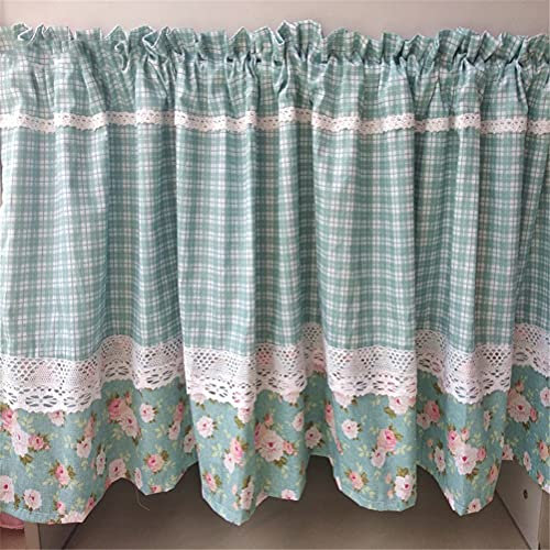 ACMHNC Küchengardine Scheibengardine Landhausstil Vintage Bistrogardine Handgefertigter Baumwoll Polyester Halbvorhang Karierte Floral Cafe Vorhang Dekoration Kurzgardine,Blau,W x H 150 x 90cm