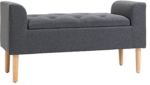HOMCOM Sitztruhe 2 in 1 Chesterfield Design, gepolsterte Sitzfläche, geschwungene Armlehnen, konische Füße, Gummibaumholz, Leinenoptik, grau