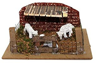 Scenario FATTORIA COMPLETA Animali da Cortile in Miniatura per Presepe 14,5 x 11,5 x h.6,5 cm Stalla in legno soggetti in Resina Pecore Capre Gatto Cane Presepio
