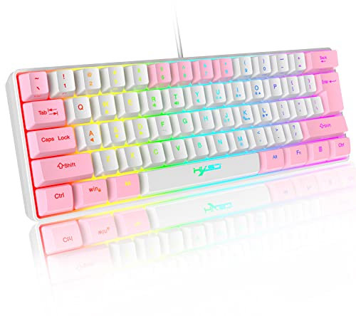60 % kabelgebundene RGB-Gaming-Tastatur 61 Tasten tragbare Tastatur mit 11 RGB-Licht, schwimmende ABS-Tastenkappe vollständige Anti-Ghosting-Tasten mechanisches USB-Feeling für PC Windows Weiß Rosa