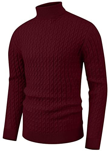 Sailwind Mens Jumpers Turtleneck Sweater Ribbed Slim Fit Knitted Tops High Roll Neck Basic Solid Color Pullover (Wine Red, M)