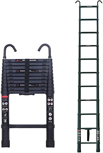 Faltbare Aluminium-Teleskopleiterverlängerung mit abnehmbarem Dachhaken EN131-Zertifikat Max. Belastung 150 kg/330 lb mit abnehmbarem Dachhaken 3,2 m/10,5 FT, Schwarz