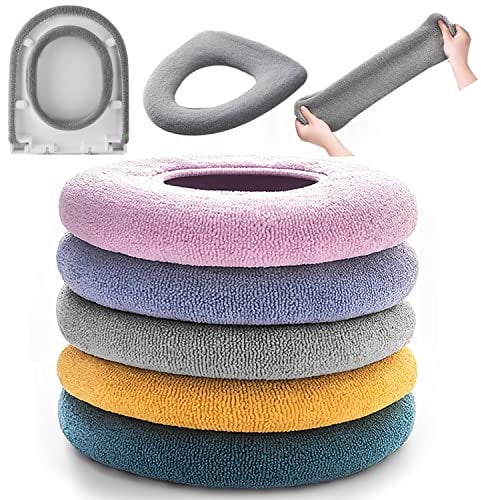 YUANQIAN 5 Pack Thicker Bathroom Toilet Seat Cover Pads- Soft Warmer Toilet Seat Cushion Cover Stretchable Washable Fiber Cloth, Easy Installation Comfortable Toilet Lid Seat Cover
