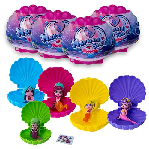 Sbabam Mermaid Shell Surprise, Mini Puppe Meerjungfrau mit Schmuckmuschel und Stickern, 4er-Pack, Spielzeug ab 3 Jahre für Kinder, Finde die Seltenen Meerjungfrauen