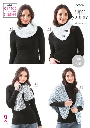 King Cole Ladies Super Yummy Knitting Pattern Easy Knit Cowl & Scarves (5976)