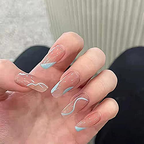 Natuce 24 pezzi Unghie Finte, Unghie Finte Corte Con Colla, Adesive Colorate Press on Nails in Acrilico, Copertura Completa Rosa Tip unghie Mandorla Francese Ovali per Donne e Ragazze (Ondulato)