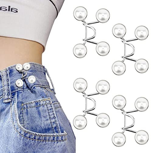 Bekecidi 4 Sets Jeans Taillenstraffer, Kein Nähen, Abnehmbare Hosenknöpfe Erforderlich, Jeans Taillenschnalle, Jeans Taillenverstellknopf (Perle; Weiß)