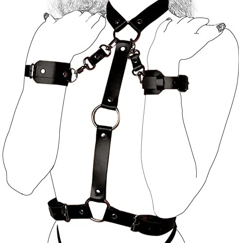 NEEMOSI Leder Harness Damen Body mit Handschellen Punk Bondage Brust Geschirr Halsband Sexy Unterwäsche Dessous Handfesseln Handcuffs Sex Spielzeug BDSM Kit Fesselset für Paare Frauen Bettfesseln