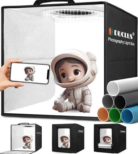 DUCLUS Light Box Fotografico 25x25 cm, Set Studio Fotografico Portatile con 96 LED Luci Regolabili, 6 Sfondi Lisci per Fotografare Prodotti Gioielli/Cosmetici/Alimentari