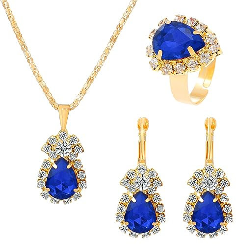 TOEECY Tropfen Kristall Schmuckset Halskette Ohrringe Ring Anhänger Damen Luxus Zirkonia Strass Goldfarben Juwelenset Hochwertig Elegant