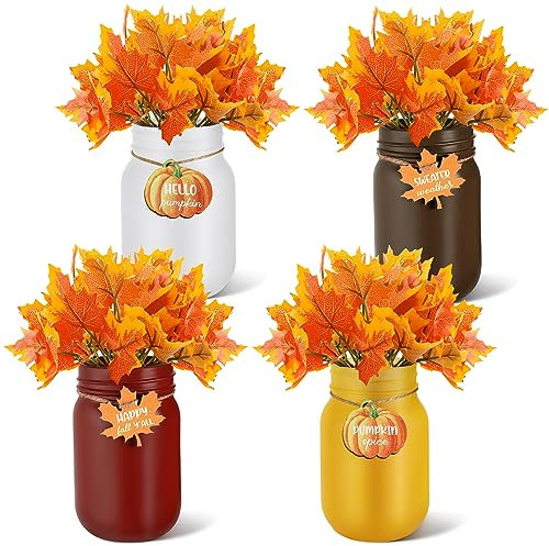 Pinkunn 4 Sets Fall Mason Jar Decor Farmhouse Harvest Mason Jars Thanksgiving Mason Jar Dining Table Centerpiece Mason Jar Decor with Flowers Decoration