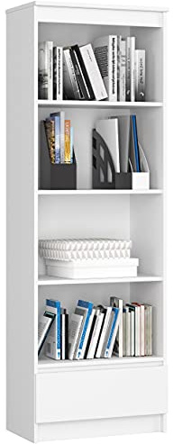 AKORD Büro-Bücherregal 60 cm 1 Schublade 4 Regale | Möbel Stehen für Dokumente Bücher für EIN Schlafzimmer Arbeitszimmer Wohnzimmer Schrank | Laminierte Platte 16 mm | Weiß + Weiße Front