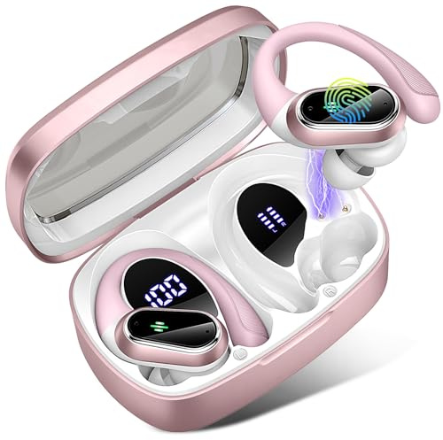 Wireless Headphones, Poounur Bluetooth 5.3 Headphones Stereo Noise Cancelling Headphones with Mic, Dual LED Touch Control 50H Wireless Earbuds with Earhook, IP7 Waterproof Earphones, Sport/Running/Gym