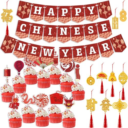 ZYDNANYANG Chinesische Neujahrsdekorationen 2025,3 Stücke 2024 Chinesische Neujahr Banner,12 Stücke Chinesisches Neujahr Caketoppers,12 Stück Chinesischer Knoten Glücksmünzen