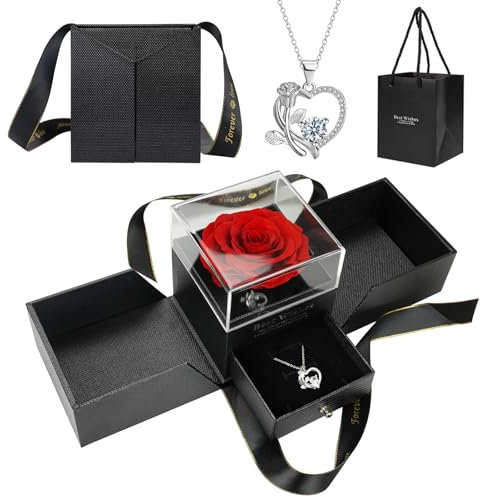 LAMTOR Preserved Rose Romantic Gifts for Her with Heart Necklace, Handmade Real Rose Gifts Flowers Idea Gifts for Woman Wife Girlfriend on Birthday Anniversary/Valentine's Day/Mother's Day/Christmas