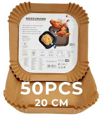 Fackelmann Bandeja de Papel para Freidora de Aire, Papel Air Fryer Cuadrado, Antiadherente y Resistente hasta 230ºC, Accesorios Freidora de Aire, 20x4.5 cm, 50 uds, Apto para Cosori, Cecotec y más