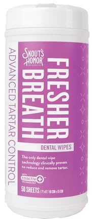 Skout's Honor Fresher Breath Dental Wipes- Pet Dental Wipes - Fights Plaque and Tartar, Freshens Breath Fast, No Brushing Required, 50 Sheets