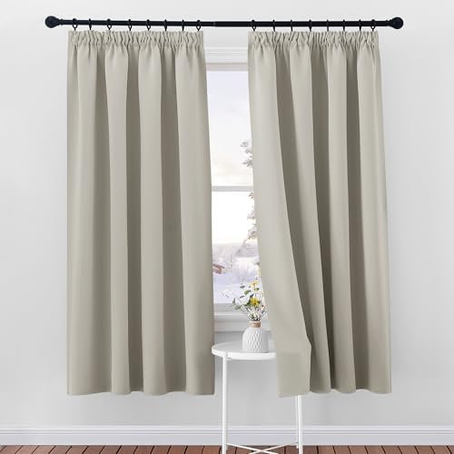 PONY DANCE Kurze Vorhänge mit Kräuselband 2er Set H 175 x B 140 cm Verdunklungsvorhänge für Schienen Schlafzimmer Gardinen Blickdicht Thermal Curtains Blackout for Bedroom, Natur
