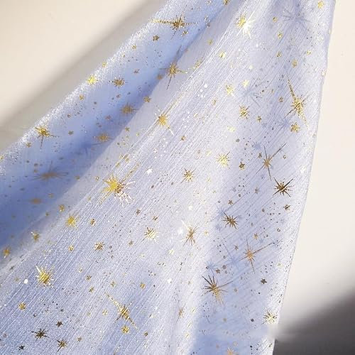 150cm*1m Organza Stoffe zum Nähen Stern Heißprägen Sparkly Stoff zum Dekorieren Basteln Hauch Zart, Fein, Durchsichtig Dekostoff Leichter Glanz Stoff für Gardine Vorhang Hochzeit -Blau