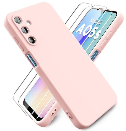 Ikziwreo - Coque pour Samsung Galaxy A05s, avec 2 Pièces Protecteur D'écran en Verre Trempé, Housse Silicone Souple Ultra-Mince de Couleur Pure, Coque en Caoutchouc Antichoc - Rose